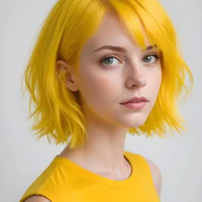 A Young Caucasian Woman With Short Bright Yellow Hair And Green Eyes Wearing A Yellow Shirt Against A Plain White Background 16 32a2