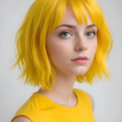 A Young Caucasian Woman With Short Bright Yellow Hair And Green Eyes Wearing A Yellow Shirt Against A Plain White Background 18 296a