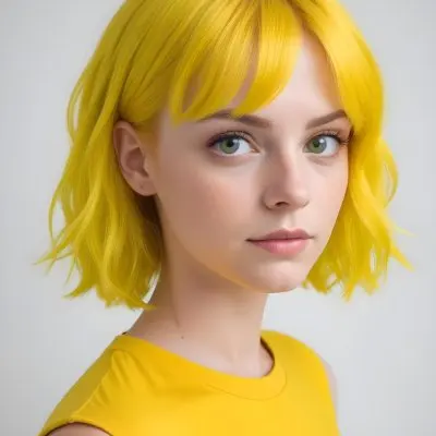 A Young Caucasian Woman With Short Bright Yellow Hair And Green Eyes Wearing A Yellow Shirt Against A Plain White Background 24 Adf8