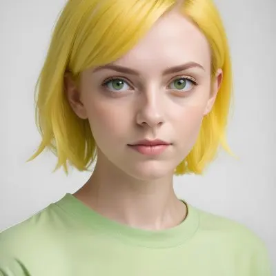A Young Caucasian Woman With Short Bright Yellow Hair And Green Eyes Wearing A Yellow Shirt Against A Plain White Background 30 6d14