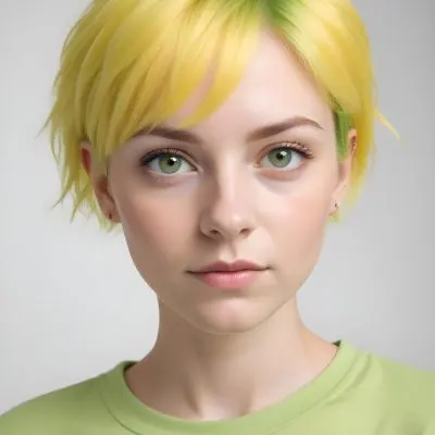 A Young Caucasian Woman With Short Bright Yellow Hair And Green Eyes Wearing A Yellow Shirt Against A Plain White Background 4 0e0d