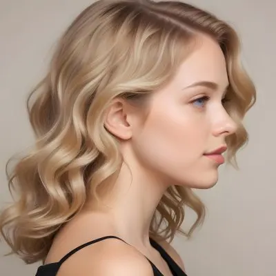 A Young Caucasian Woman With Wavy Shoulder Length Blonde Hair Showcasing A Side Profile She Has A Light Skin Tone And Is Wearing A Black Top The Background Is A Soft Neutral Color 14 F268
