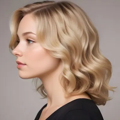 A Young Caucasian Woman With Wavy Shoulder Length Blonde Hair Showcasing A Side Profile She Has A Light Skin Tone And Is Wearing A Black Top The Background Is A Soft Neutral Color 19 Eb45