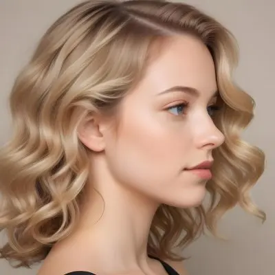 A Young Caucasian Woman With Wavy Shoulder Length Blonde Hair Showcasing A Side Profile She Has A Light Skin Tone And Is Wearing A Black Top The Background Is A Soft Neutral Color 3 2e17