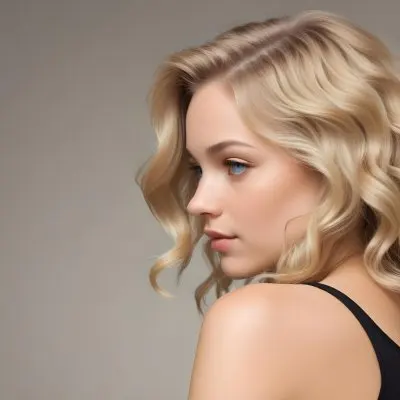 A Young Caucasian Woman With Wavy Shoulder Length Blonde Hair Showcasing A Side Profile She Has A Light Skin Tone And Is Wearing A Black Top The Background Is A Soft Neutral Color 38 4cad
