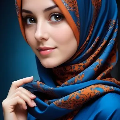 A Young Fair Skinned Woman With Dark Hair Wearing A Blue And Orange Patterned Hijab Looking Directly At The Camera With A Slight Smile 13 8949