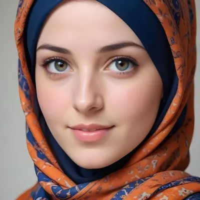 A Young Fair Skinned Woman With Dark Hair Wearing A Blue And Orange Patterned Hijab Looking Directly At The Camera With A Slight Smile 7 5b80