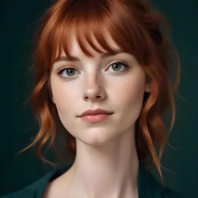 A Young Fair Skinned Woman With Long Wavy Red Hair And Bangs Wearing Minimal Makeup And Looking Directly At The Camera With A Slight Smile 14 87c7