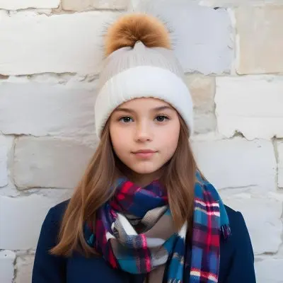 A Young Girl Approximately 12 Years Old With Light Skin And Long Brown Hair Wearing A White Beanie With A Pom Pom On Top And A Colorful Plaid Scarf The Background Consists Of A Textured Stone Wall 1 9ee0