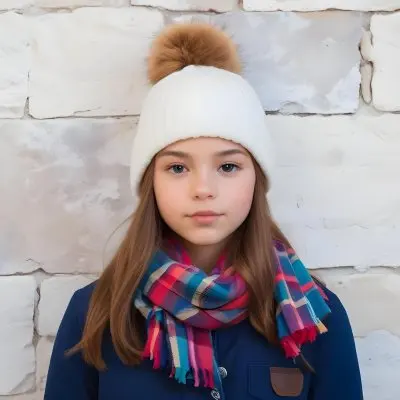 A Young Girl Approximately 12 Years Old With Light Skin And Long Brown Hair Wearing A White Beanie With A Pom Pom On Top And A Colorful Plaid Scarf The Background Consists Of A Textured Stone Wall 10 1d97