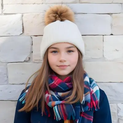 A Young Girl Approximately 12 Years Old With Light Skin And Long Brown Hair Wearing A White Beanie With A Pom Pom On Top And A Colorful Plaid Scarf The Background Consists Of A Textured Stone Wall 11 Fb2a
