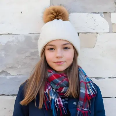A Young Girl Approximately 12 Years Old With Light Skin And Long Brown Hair Wearing A White Beanie With A Pom Pom On Top And A Colorful Plaid Scarf The Background Consists Of A Textured Stone Wall 13 553a