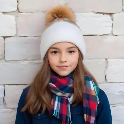 A Young Girl Approximately 12 Years Old With Light Skin And Long Brown Hair Wearing A White Beanie With A Pom Pom On Top And A Colorful Plaid Scarf The Background Consists Of A Textured Stone Wall 14 7e94
