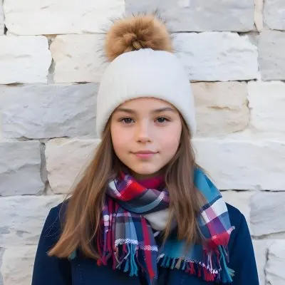 A Young Girl Approximately 12 Years Old With Light Skin And Long Brown Hair Wearing A White Beanie With A Pom Pom On Top And A Colorful Plaid Scarf The Background Consists Of A Textured Stone Wall 15 Bff9