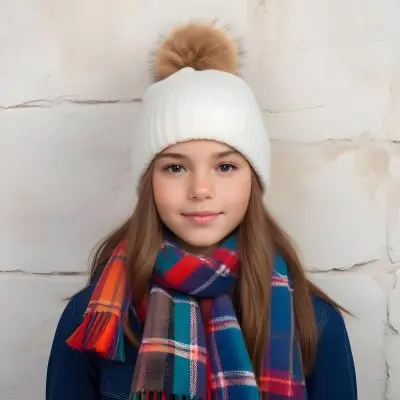 A Young Girl Approximately 12 Years Old With Light Skin And Long Brown Hair Wearing A White Beanie With A Pom Pom On Top And A Colorful Plaid Scarf The Background Consists Of A Textured Stone Wall 16 624d