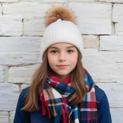 A Young Girl Approximately 12 Years Old With Light Skin And Long Brown Hair Wearing A White Beanie With A Pom Pom On Top And A Colorful Plaid Scarf The Background Consists Of A Textured Stone Wall 18 Bb67