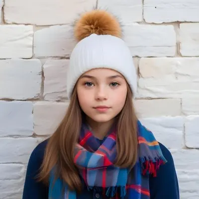 A Young Girl Approximately 12 Years Old With Light Skin And Long Brown Hair Wearing A White Beanie With A Pom Pom On Top And A Colorful Plaid Scarf The Background Consists Of A Textured Stone Wall 20 B66a