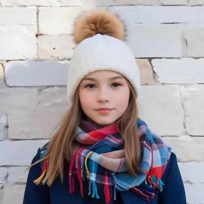 A Young Girl Approximately 12 Years Old With Light Skin And Long Brown Hair Wearing A White Beanie With A Pom Pom On Top And A Colorful Plaid Scarf The Background Consists Of A Textured Stone Wall 21 9e3d