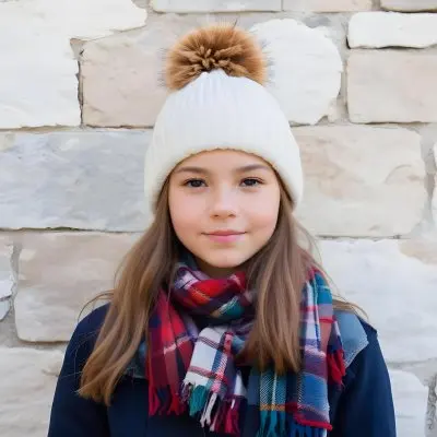 A Young Girl Approximately 12 Years Old With Light Skin And Long Brown Hair Wearing A White Beanie With A Pom Pom On Top And A Colorful Plaid Scarf The Background Consists Of A Textured Stone Wall 27 2397