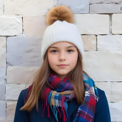 A Young Girl Approximately 12 Years Old With Light Skin And Long Brown Hair Wearing A White Beanie With A Pom Pom On Top And A Colorful Plaid Scarf The Background Consists Of A Textured Stone Wall 28 D53b