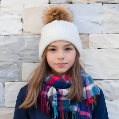 A Young Girl Approximately 12 Years Old With Light Skin And Long Brown Hair Wearing A White Beanie With A Pom Pom On Top And A Colorful Plaid Scarf The Background Consists Of A Textured Stone Wall 29 55e5