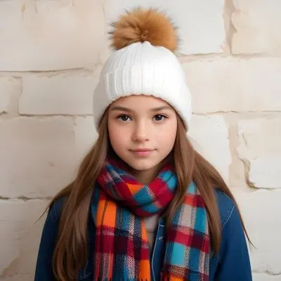 A Young Girl Approximately 12 Years Old With Light Skin And Long Brown Hair Wearing A White Beanie With A Pom Pom On Top And A Colorful Plaid Scarf The Background Consists Of A Textured Stone Wall 3 6b9a