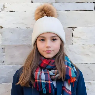 A Young Girl Approximately 12 Years Old With Light Skin And Long Brown Hair Wearing A White Beanie With A Pom Pom On Top And A Colorful Plaid Scarf The Background Consists Of A Textured Stone Wall 31 6a36