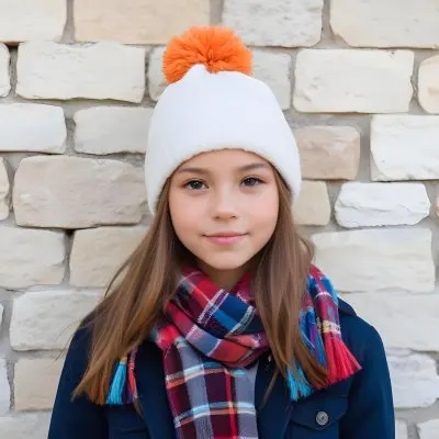 A Young Girl Approximately 12 Years Old With Light Skin And Long Brown Hair Wearing A White Beanie With A Pom Pom On Top And A Colorful Plaid Scarf The Background Consists Of A Textured Stone Wall 32 8278