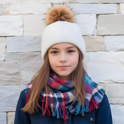 A Young Girl Approximately 12 Years Old With Light Skin And Long Brown Hair Wearing A White Beanie With A Pom Pom On Top And A Colorful Plaid Scarf The Background Consists Of A Textured Stone Wall 33 857a