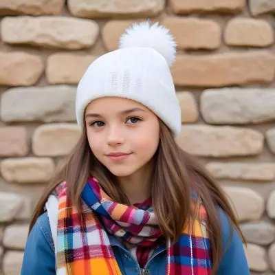 A Young Girl Approximately 12 Years Old With Light Skin And Long Brown Hair Wearing A White Beanie With A Pom Pom On Top And A Colorful Plaid Scarf The Background Consists Of A Textured Stone Wall 35 A8ff