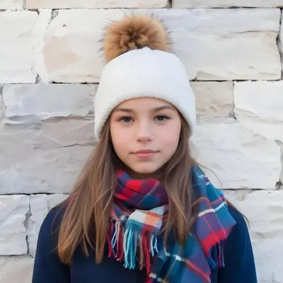 A Young Girl Approximately 12 Years Old With Light Skin And Long Brown Hair Wearing A White Beanie With A Pom Pom On Top And A Colorful Plaid Scarf The Background Consists Of A Textured Stone Wall 36 7a81