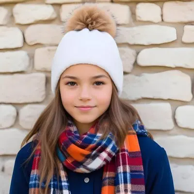 A Young Girl Approximately 12 Years Old With Light Skin And Long Brown Hair Wearing A White Beanie With A Pom Pom On Top And A Colorful Plaid Scarf The Background Consists Of A Textured Stone Wall 37 C1b2