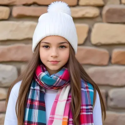 A Young Girl Approximately 12 Years Old With Light Skin And Long Brown Hair Wearing A White Beanie With A Pom Pom On Top And A Colorful Plaid Scarf The Background Consists Of A Textured Stone Wall 39 73dd