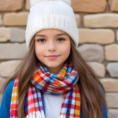 A Young Girl Approximately 12 Years Old With Light Skin And Long Brown Hair Wearing A White Beanie With A Pom Pom On Top And A Colorful Plaid Scarf The Background Consists Of A Textured Stone Wall 40 C426