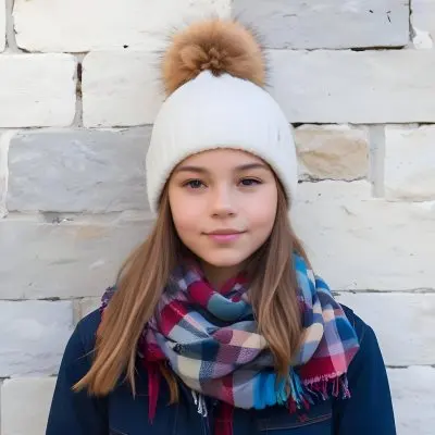 A Young Girl Approximately 12 Years Old With Light Skin And Long Brown Hair Wearing A White Beanie With A Pom Pom On Top And A Colorful Plaid Scarf The Background Consists Of A Textured Stone Wall 5 C2f4