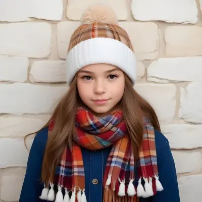 A Young Girl Approximately 12 Years Old With Light Skin And Long Brown Hair Wearing A White Beanie With A Pom Pom On Top And A Colorful Plaid Scarf The Background Consists Of A Textured Stone Wall 6 4728