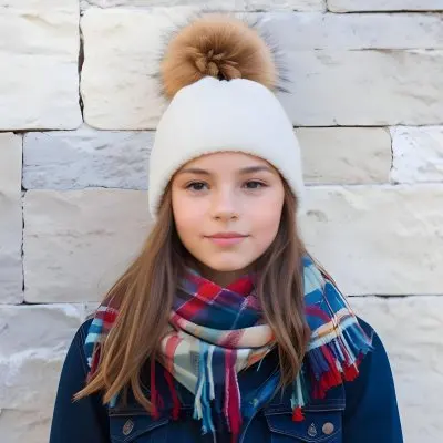 A Young Girl Approximately 12 Years Old With Light Skin And Long Brown Hair Wearing A White Beanie With A Pom Pom On Top And A Colorful Plaid Scarf The Background Consists Of A Textured Stone Wall 7 F247