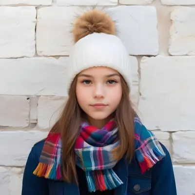 A Young Girl Approximately 12 Years Old With Light Skin And Long Brown Hair Wearing A White Beanie With A Pom Pom On Top And A Colorful Plaid Scarf The Background Consists Of A Textured Stone Wall 8 E4f6