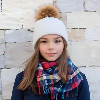 A Young Girl Approximately 12 Years Old With Light Skin And Long Brown Hair Wearing A White Beanie With A Pom Pom On Top And A Colorful Plaid Scarf The Background Consists Of A Textured Stone Wall 9 Fd94