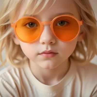 A Young Girl Approximately 6 Years Old With Light Blonde Hair And Fair Skin Wearing Large Round Sunglasses With Orange Lenses She Has A Neutral Expression And Is Dressed In A Light Colored Shirt The Background Is Sof 23 A4f1