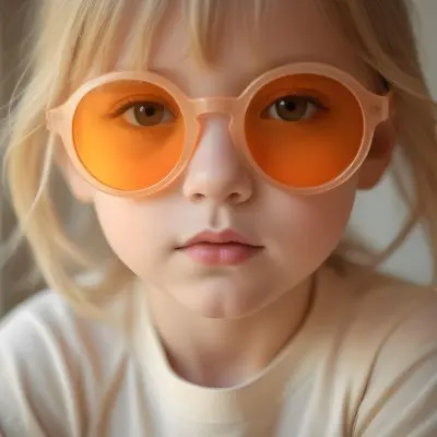A Young Girl Approximately 6 Years Old With Light Blonde Hair And Fair Skin Wearing Large Round Sunglasses With Orange Lenses She Has A Neutral Expression And Is Dressed In A Light Colored Shirt The Background Is Sof 24 1565