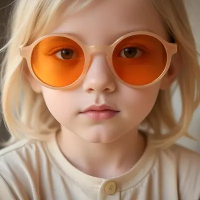 A Young Girl Approximately 6 Years Old With Light Blonde Hair And Fair Skin Wearing Large Round Sunglasses With Orange Lenses She Has A Neutral Expression And Is Dressed In A Light Colored Shirt The Background Is Sof 31 2fd5