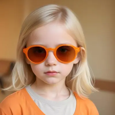 A Young Girl Approximately 6 Years Old With Light Blonde Hair And Fair Skin Wearing Large Round Sunglasses With Orange Lenses She Has A Neutral Expression And Is Dressed In A Light Colored Shirt The Background Is Sof 46 Fc9e