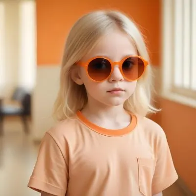 A Young Girl Approximately 6 Years Old With Light Blonde Hair And Fair Skin Wearing Large Round Sunglasses With Orange Lenses She Has A Neutral Expression And Is Dressed In A Light Colored Shirt The Background Is Sof 56 47c2