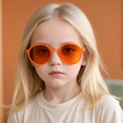 A Young Girl Approximately 6 Years Old With Light Blonde Hair And Fair Skin Wearing Large Round Sunglasses With Orange Lenses She Has A Neutral Expression And Is Dressed In A Light Colored Shirt The Background Is Sof 62 1638