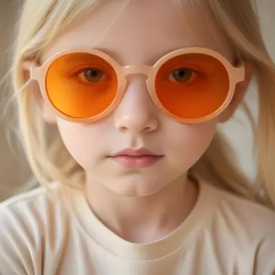 A Young Girl Approximately 6 Years Old With Light Blonde Hair And Fair Skin Wearing Large Round Sunglasses With Orange Lenses She Has A Neutral Expression And Is Dressed In A Light Colored Shirt The Background Is Sof 68 87ef