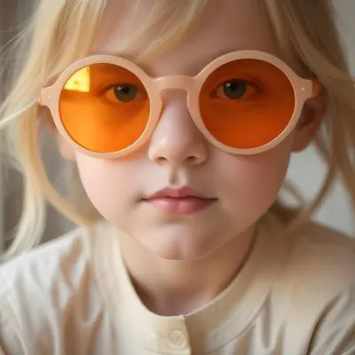 A Young Girl Approximately 6 Years Old With Light Blonde Hair And Fair Skin Wearing Large Round Sunglasses With Orange Lenses She Has A Neutral Expression And Is Dressed In A Light Colored Shirt The Background Is Sof 69 1e41