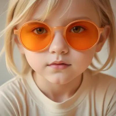 A Young Girl Approximately 6 Years Old With Light Blonde Hair And Fair Skin Wearing Large Round Sunglasses With Orange Lenses She Has A Neutral Expression And Is Dressed In A Light Colored Shirt The Background Is Sof 7 E25a