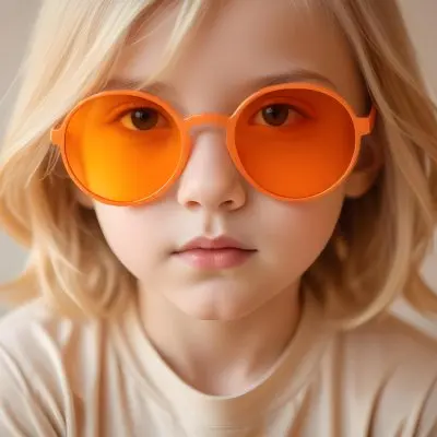A Young Girl Approximately 6 Years Old With Light Blonde Hair And Fair Skin Wearing Large Round Sunglasses With Orange Lenses She Has A Neutral Expression And Is Dressed In A Light Colored Shirt The Background Is Sof 8 7515