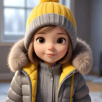 A Young Girl Approximately 8 Years Old With Light Brown Hair And Fair Skin Wearing A Gray Puffer Jacket With A Fur Lined Hood And A Yellow Knitted Beanie The Background Features A Blurred Indoor Setting With Soft Lig 15 97ab